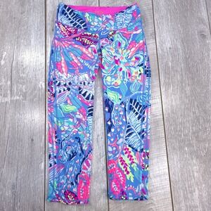 Lilly Pulitzer Luxletic Leggings Women Small Blue Pink Floral Crop Scallop Hem